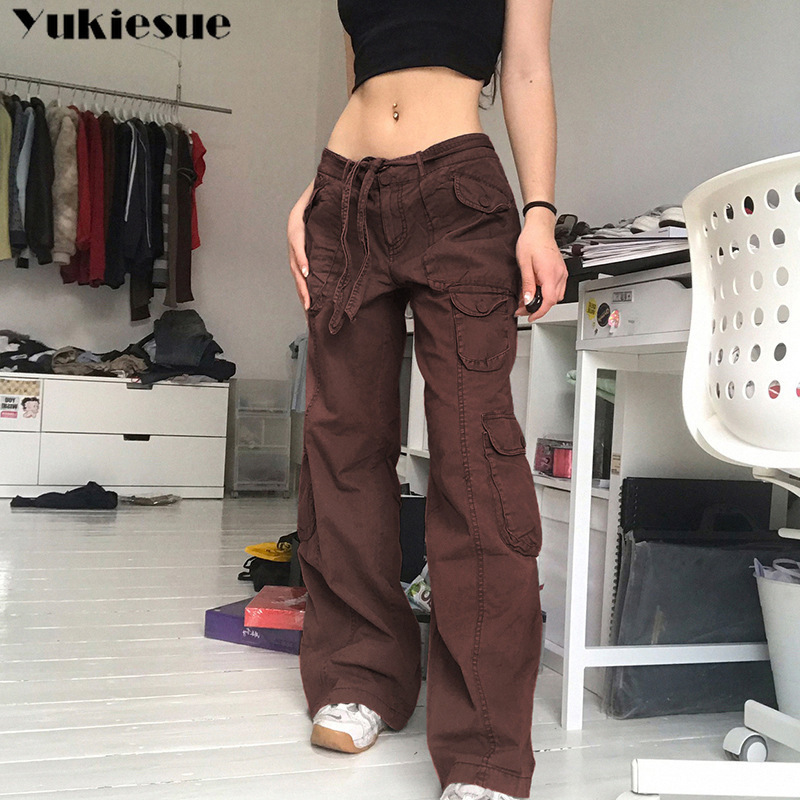 Retro gray overalls wide leg cargo women pant's trousers sexy low waist loose casual vintage streetwear 220325