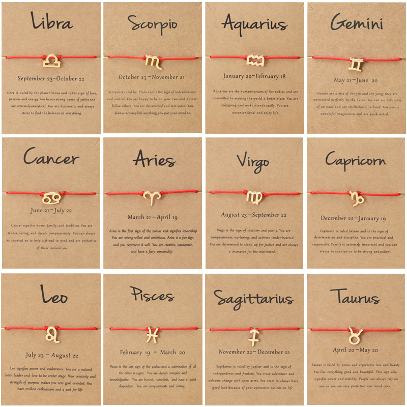 Handmade 12 Constellation Zodiac Charm Bracelet for Women Adjustable Couple Horoscope Red Rope Bracelets Lovers Lucky Hand Chain Jewelry Gift with Wis