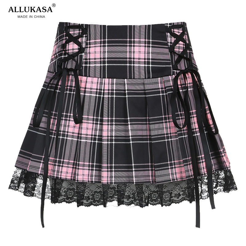 Sweetown Lace Up Goth Y2K Woman Skirts Pink Stripe Plaid Trim Pleated Skirt Punk Dark Academia Aesthetic E Girl Clothes 220322