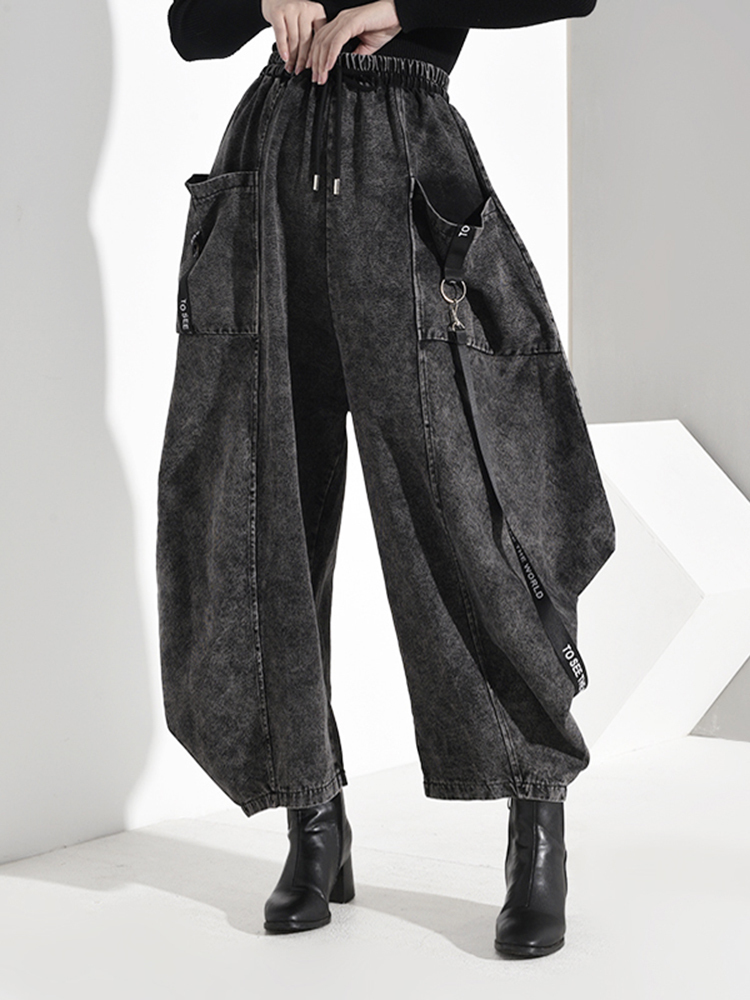 [EAM] High Elastic Waist Pocket Split Long Denim Wide Leg Trousers Loose Fit Pant Fashion Spring Autumn 1D 220325