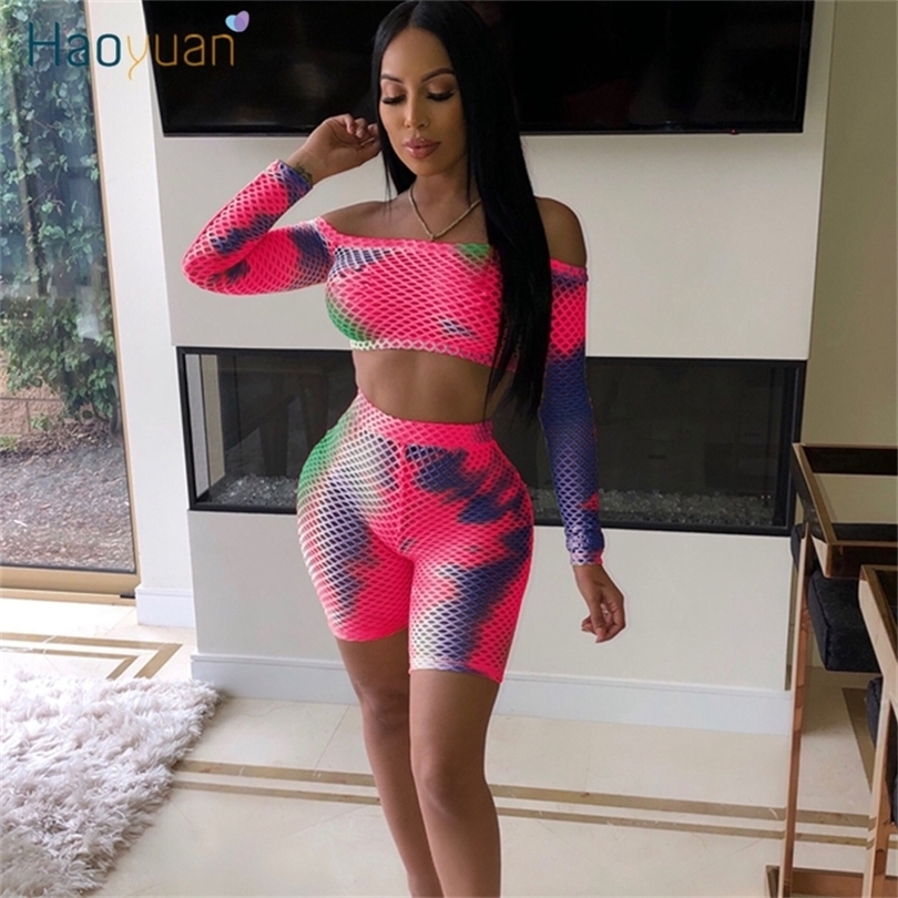 HAOYUAN Sexy Mesh Sheer Fishnet Two Piece Set Women Summer Crop Top and Fishnet Shorts Club Beach Outfits 2 Piece Matching Sets