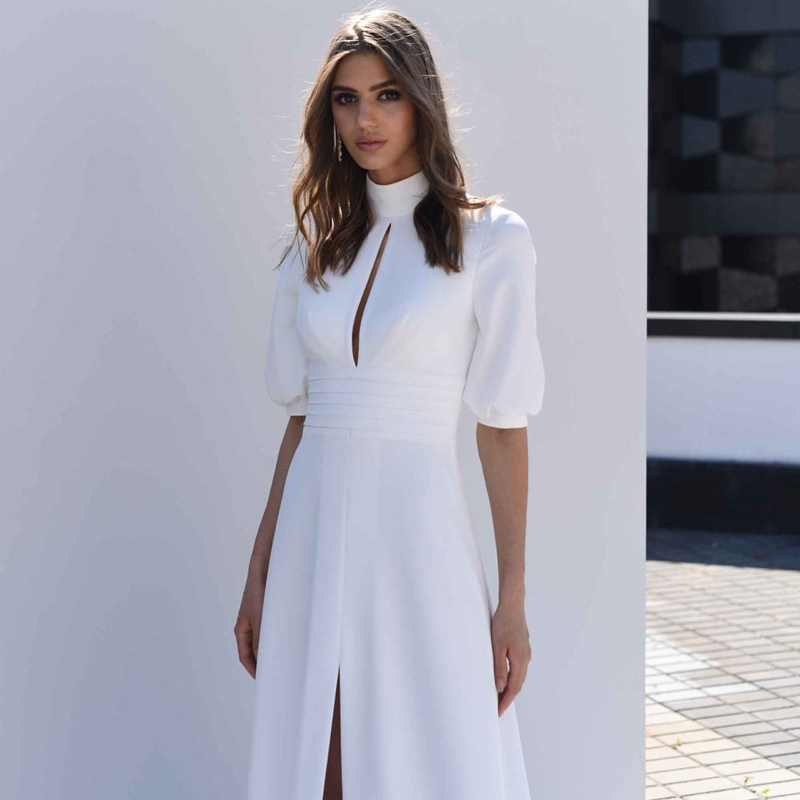 Sexy White Wedding Dresses Short Sleeve Bridal Dress High Split Satin Sweep Train Simple Robe Mariage Vestidos De Noiva