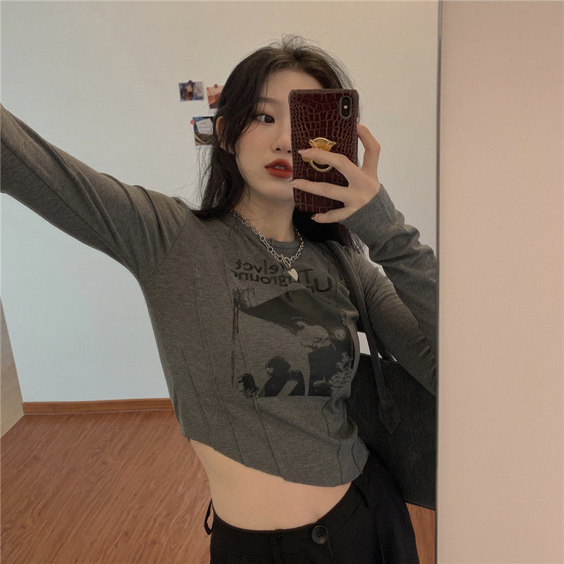 Korean Fashion Clothing Casual Slim T-shirt For Women O Neck Long Sleeve Sexy Crop Top Grunge Letters Print Female 220321