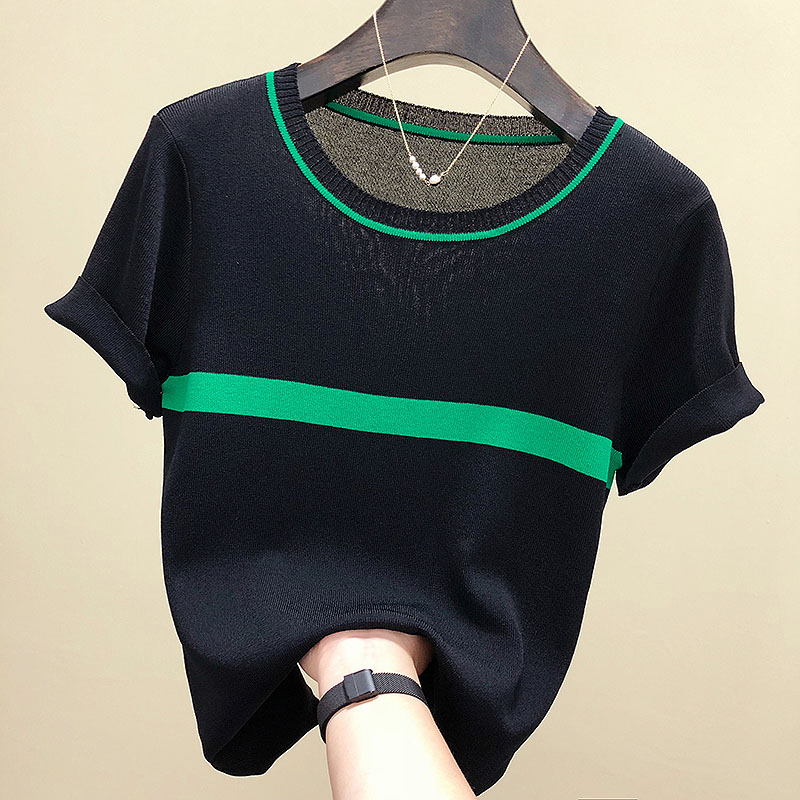 shintimes Thin Knitted T Shirt Women Clothes Summer Woman Short Sleeve Tees Tops Striped Casual T-Shirt Female Tshirt Femme 220321