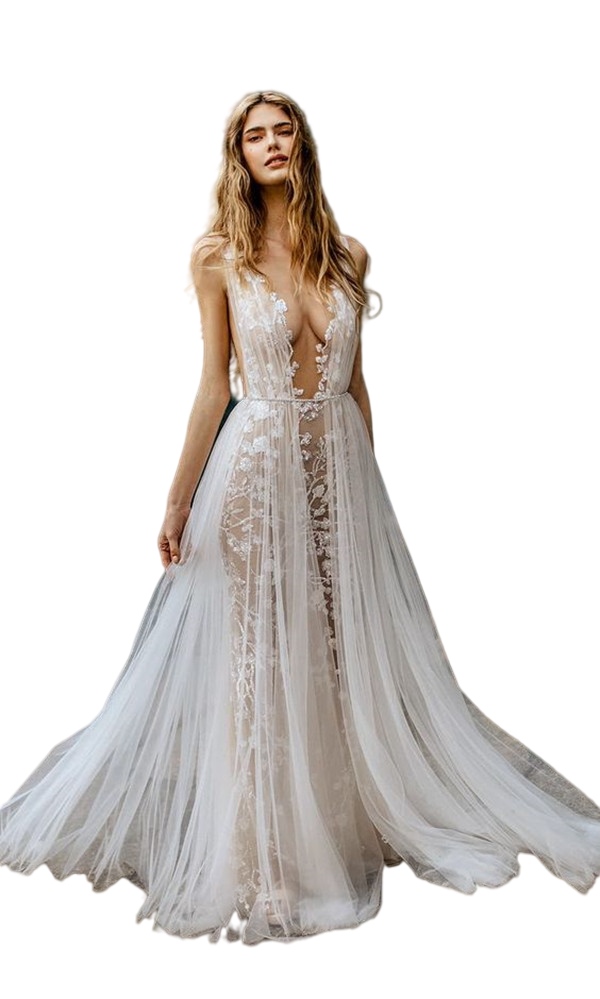 2022 Berta Beach Wedding Dresses Sexy Deep V-neck Lace Floral Bohemian Country Full length Bridal Gowns vestido noiva vintage