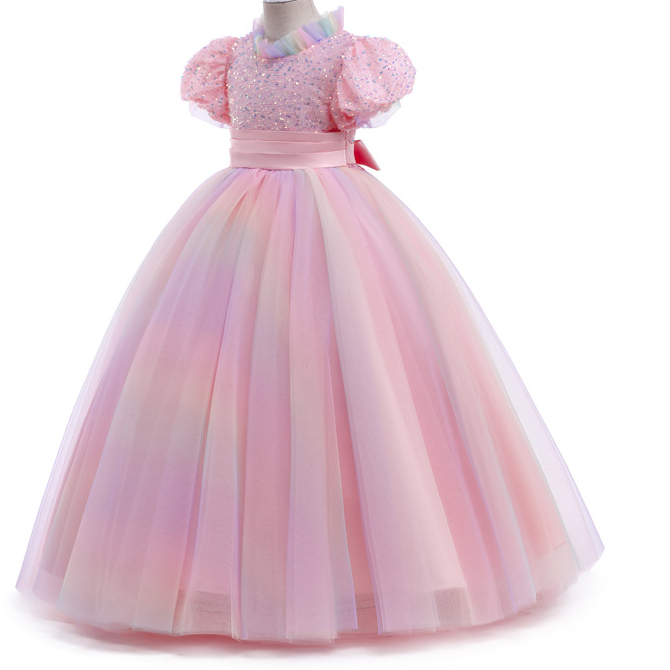 Stock 2-14 Years Lace Tulle Flower Girl Dresses Bows Children's First Holy Communion Dress Rainbow Princess Ball Gown Wedding Party Dress