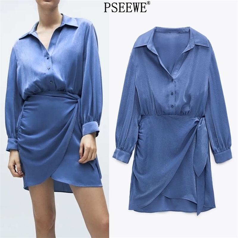 Spring Za Blue Mini Satin Dres Elegant Knot Long Sleeve Woman Fashion Elastic Waist Casual es 210701
Spring Za Blue Mini Satin Dres Elegant Knot Long Sleeve Woman Fashion Elastic Waist Casual es 210701