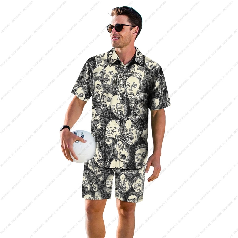 Mr.Wonder Novelty 3D Men's Horror Anime Manga Shirt Cool s Casual Button Down Beach Short Sleeve Hawaiian Tops 220322