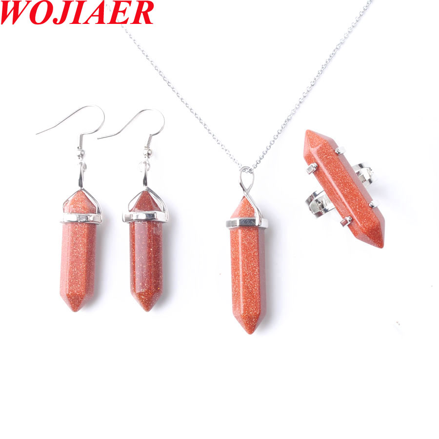 WOJIAER New Women Fashion Long Natural Stone Earrings Ring Necklace Set Rose Quartz Hexagon Point BO959