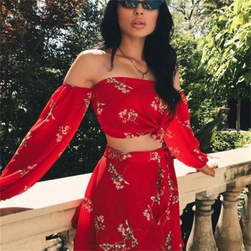 Two Piece Set Women Summer Autumn Floral Bohemian Off Shoulder Puff Sleeve Crop Tops Ruffle Mini Skirts 2Pcs Set Female 220602