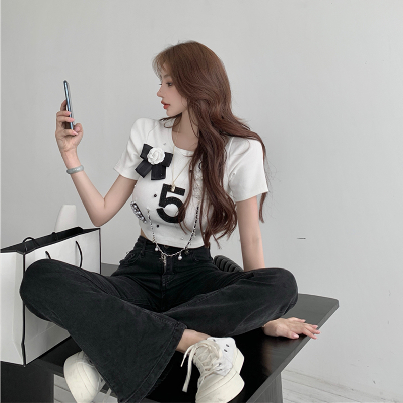 O Neck Short Sleeve Chain Pearl Three-dimensional Flower Tshirts Women Summer Loose Retro Graphic Aesthetic Harajuku Tees Top 220321