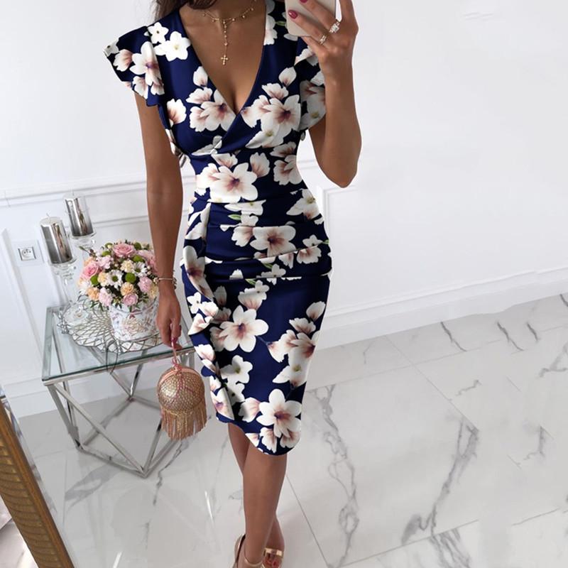 Casual Dresses Office Lady Floral Print Bodycon Mini Dress For Women Sexy V Neck Ruffles Knee Length Elegant Summer Sleeveless Party, Whitepink flowers