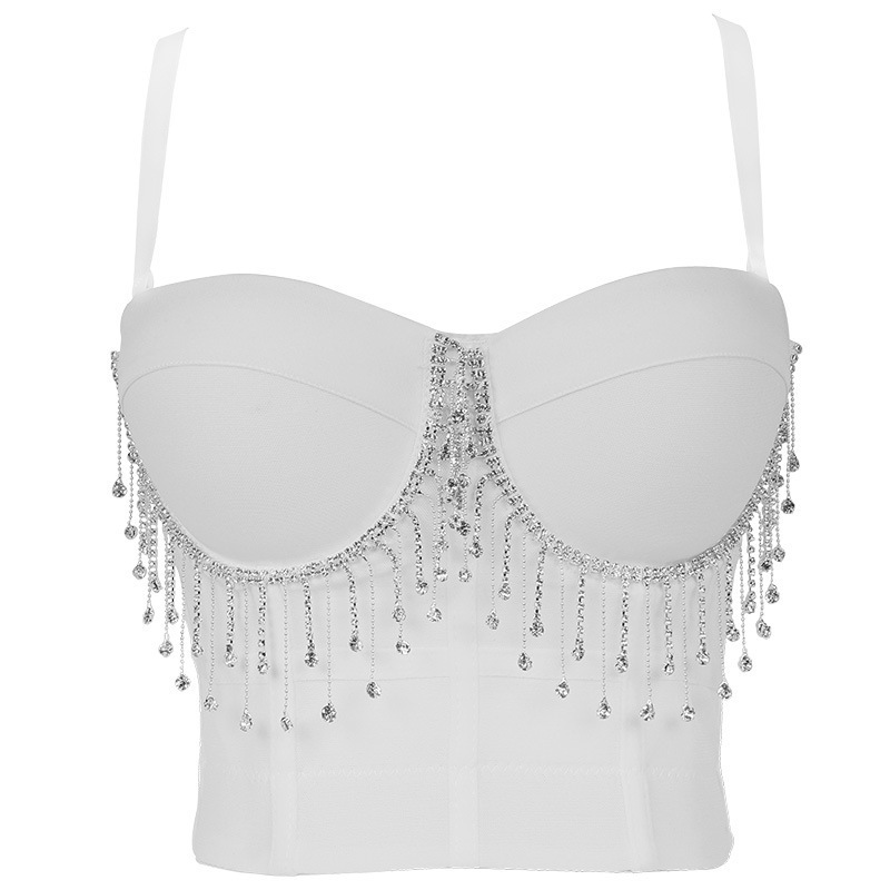 Women Camisole Top Diamond Crystal Tassels Solid Color Sexy Cropped Push Up Bustier Bra Night Club Party Tank 220325