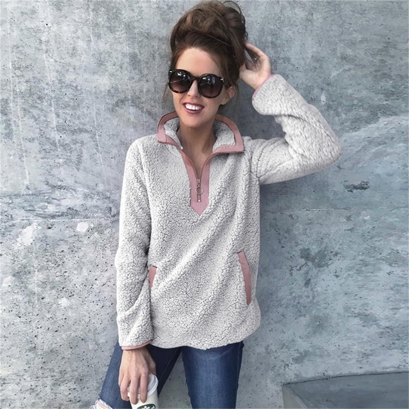 Women Winter Sherpa Sweater Teddy Fleece Zipper Turtleneck Pullover Sherpa Fleece Tops Female Winter Warm Coat Sweaters 201222