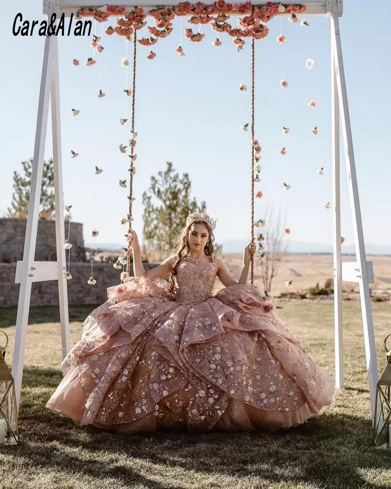 Dusty Pink Gorgeous Quinceanera Dresses Crystals Beaded Ball Gown Straps Sequins Applique Ruffles Pageant Formal Dress Sweet Birthday Party Prom Gowns