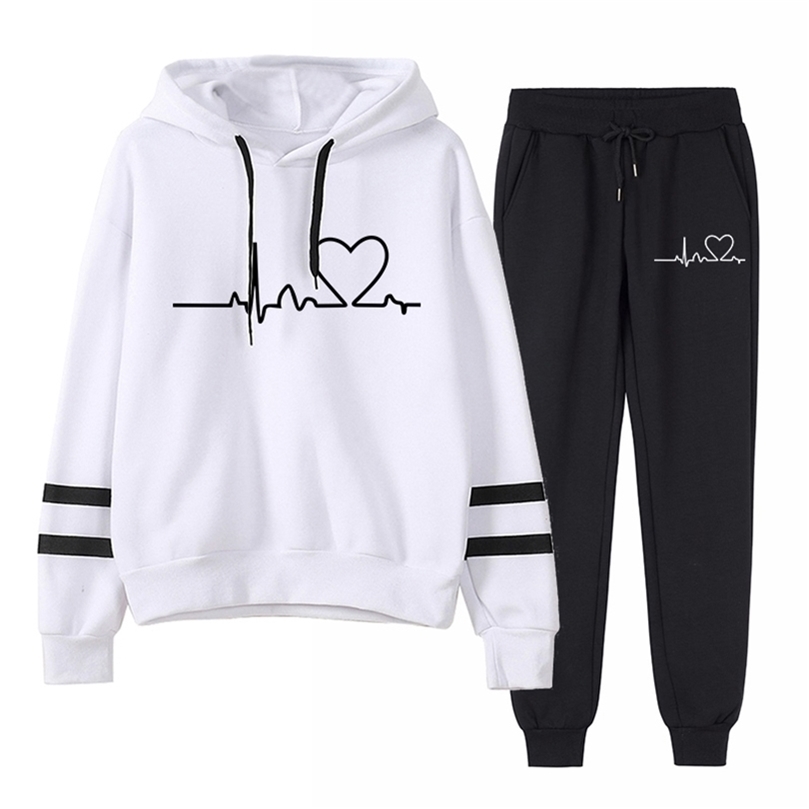 Women Tracksuits Autumn Spring Clothing Female Suits 2 Pieces Set Hooded Sweatshirts and Black Pants Casual Outfits Love Print 220817