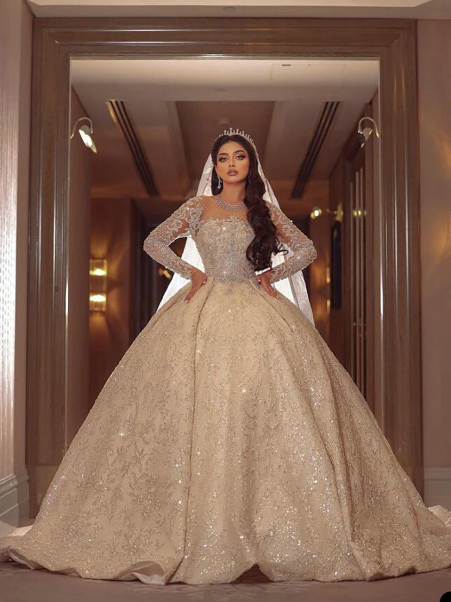 Elegant Ball Gown Wedding Dresses A-Line Long Sleeves Sequins Beads Organza Bodice Bridal Gowns Chic Dubai Custom Made Vestidos De Novia
