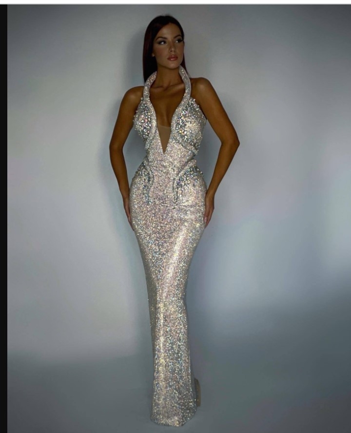 2022 New Arrival Fashion Sexy V-Neck Halter Dresses Sequins Elegant Taig Gown Sleeveless Ladies Temperament Slim Fit Evening Dress Lz0304