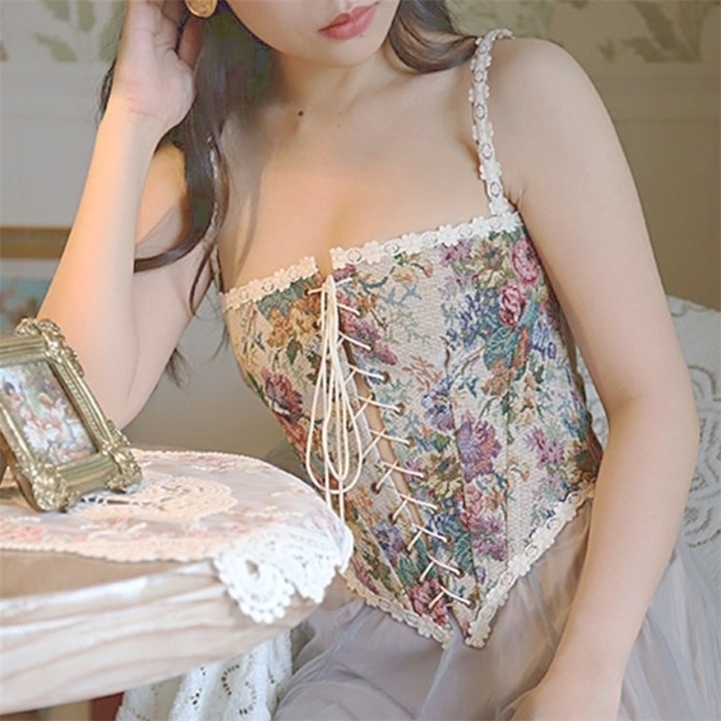 Floral Beach Party Sexy Bustiers Crop Women Backless Bandage French Vintage Halter Top Korean Boho Lace with Corset Summer 220325