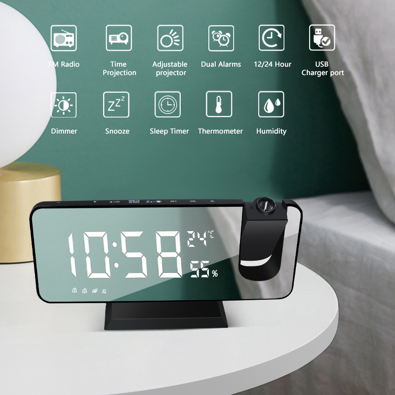 LED Digital Timers Alarm Clock Table Watch Electronic Desktop Clocks USB Wake Up FM Radio Time Projector Snooze Function 2 Alarm