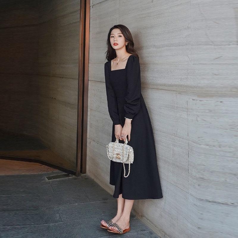 Long Sleeve Dress Women Holiday Elegant Ankle length Female Square Collar Simple Trendy Korean Style Leisure Streetwear Slim Ins 220613