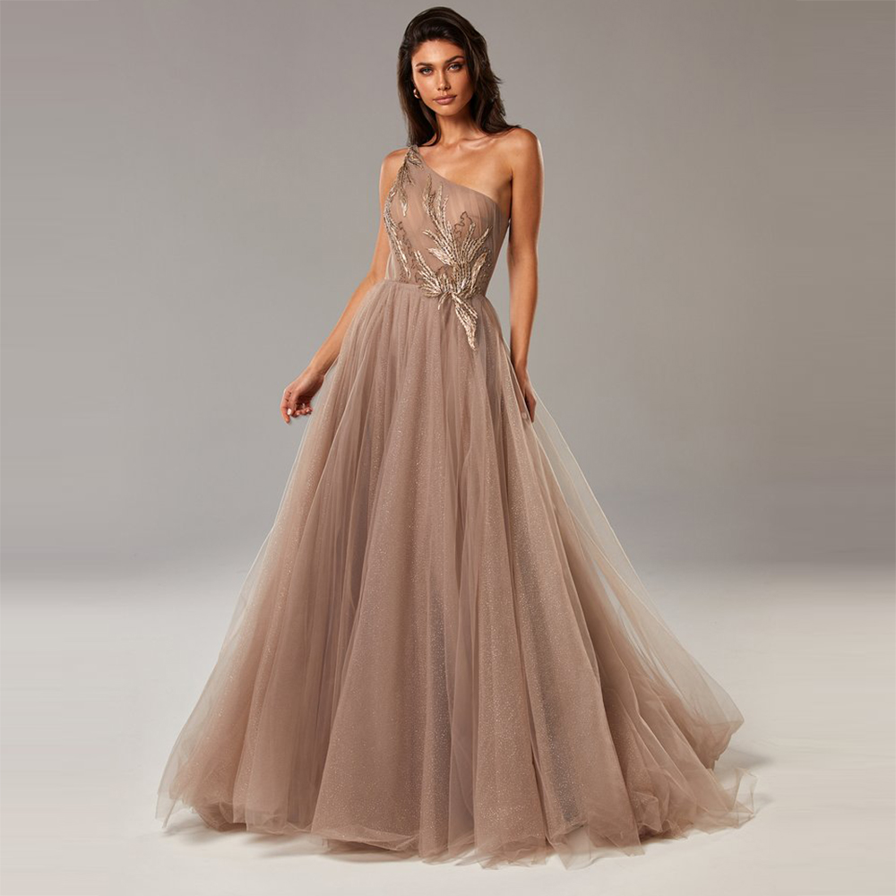 Champagne A-line Prom Dresses Sexy Bateau Neck Strapless Lace Sequins High Waist Sleeveless Appliques Elegant Sweep Train Evening Formal Dresses Girls