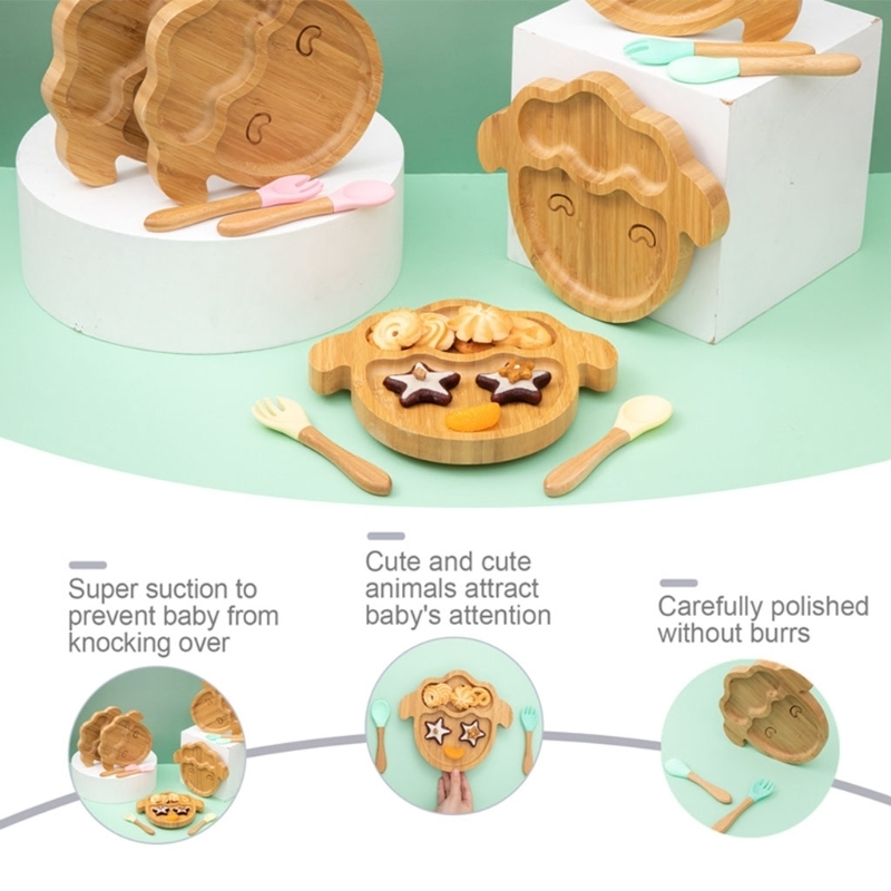 Baby Natural Bamboo Bowl Spoon Set Cartoon Animal Divided Dinner Plate Infants Learning Feeding Dish born Children Tableware 220512