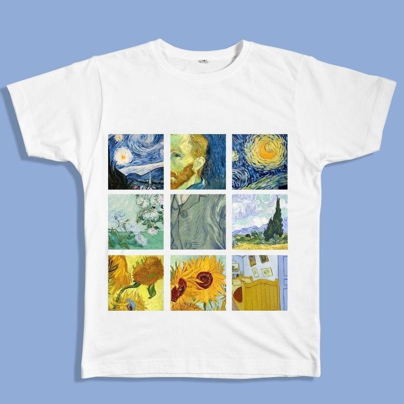 kuakuayu HJN Van Gogh Painting Vintage Fashion Aesthetic White T-Shirt 90s Cute Art Tee Hipster Grunge Top 220321