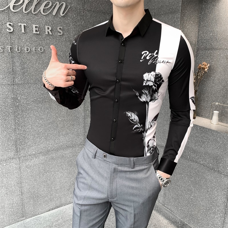 Camisa Masculina Fashion Patchwork Color Digital Print Long Sleeve Shirt Men Clothing Simple Slim Fit Casual Chemise Homme 220322
