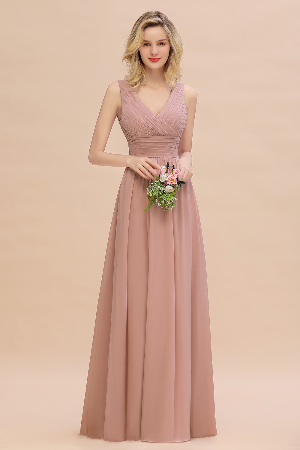 Dusty Pink Chiffon Bridmesaid Dresses Designer A Line V Neck Pleats Long Summer Garden Bohemian Wedding Guest Maid of Honor Gowns Custom Made BM0752