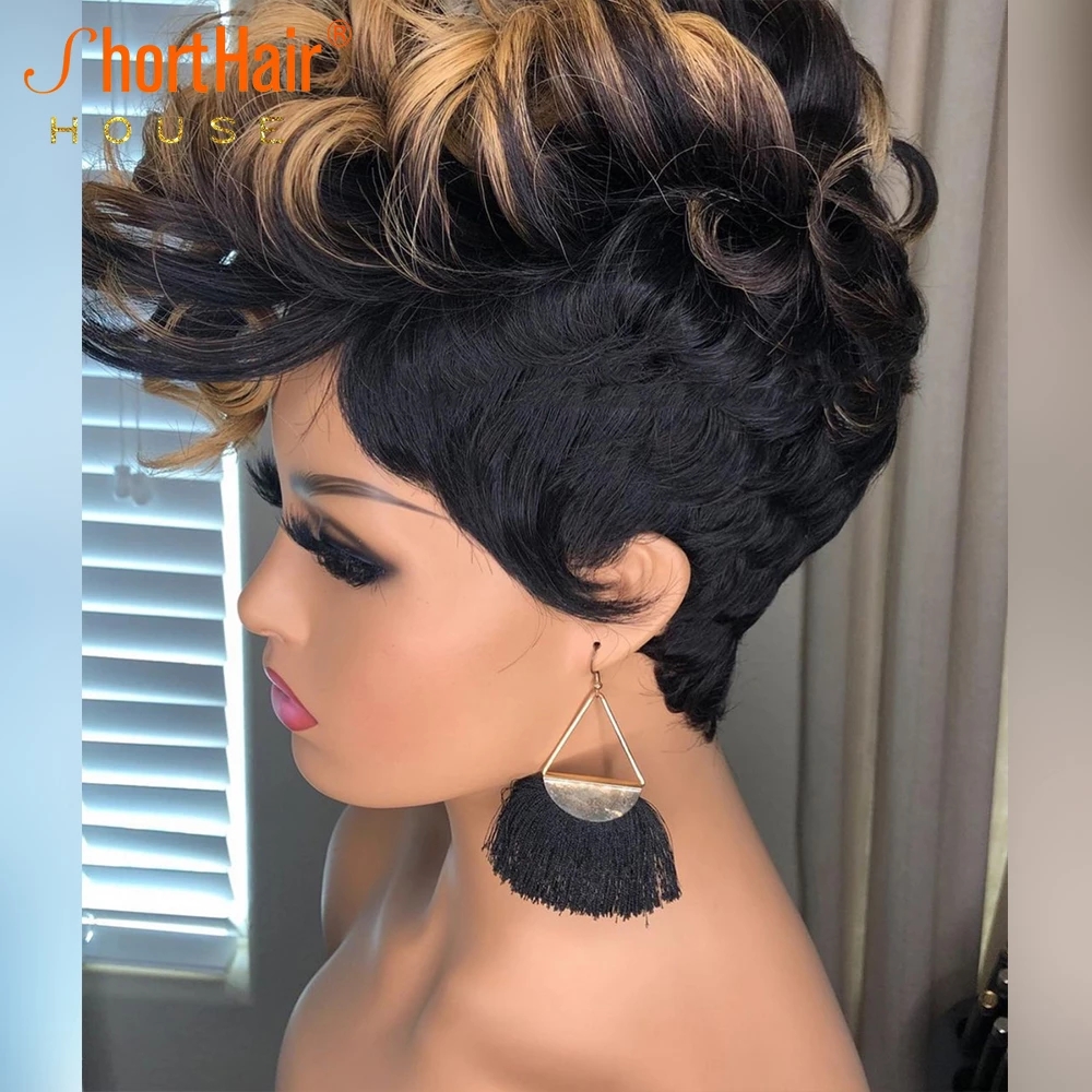 Short Curly Bob Pixie Cut Wig Ombre Blonde No Lace Front Hair Wigs With Bangs For Black Women Full Machine Made
