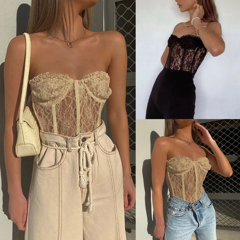 Women Sexy Strapless Sheer Mesh Crop Top Ruffles Floral Lace See-Through Corset Bustier Club Party Bralette Underwear 220325