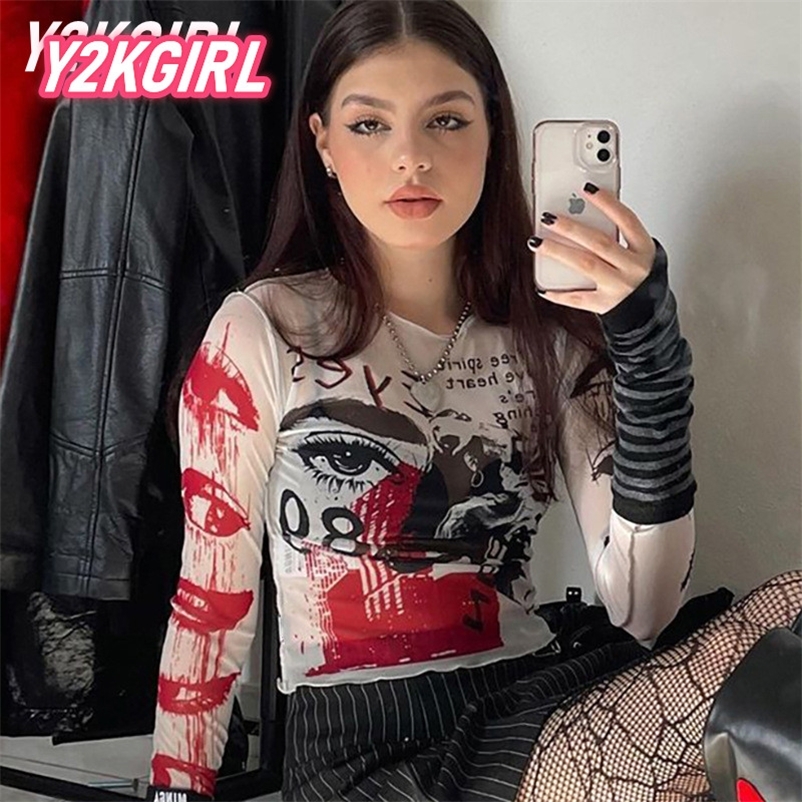 Y2KGIRL Unique Pattern Woman T-shirt Asymmetric Color Long Sleeve Slim Crop Tops Fashion Pullover Mesh See Through Streetwear 220516