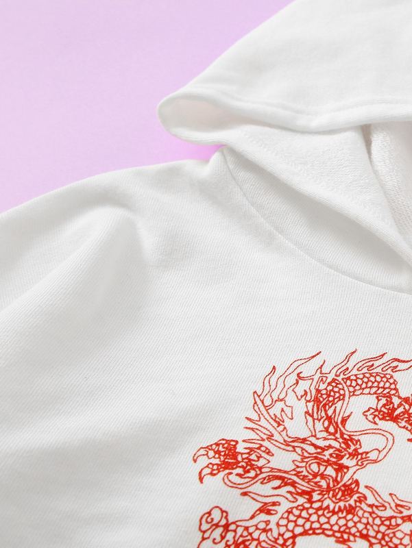 Girls Drop Shoulder Chinese Dragon Print Crop Hoodie & Joggers Set SHE