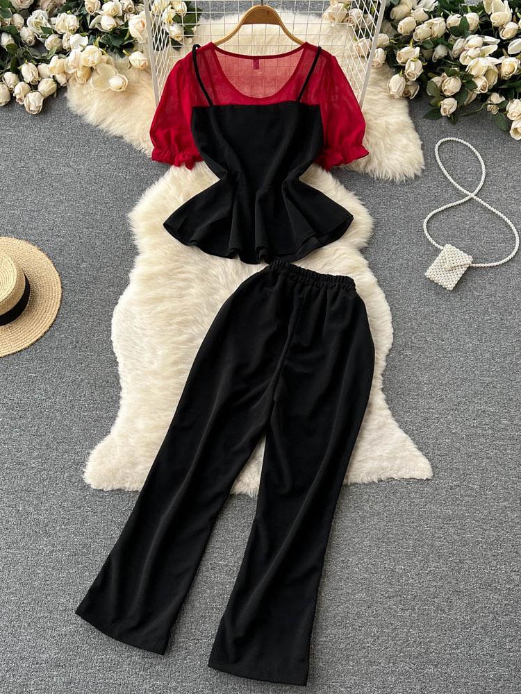 Women's Two Piece Pants Summer Fashion Casual Suit Puff Sleeve Stitching Chiffon Top High Waist Trousers All-match Two-piece Set Women D1281, Green
Women's Two Piece Pants Summer Fashion Casual Suit Puff Sleeve Stitching Chiffon Top High Waist Trousers All-match Two-piece Set Women D1281, Green