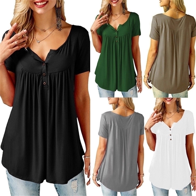 Womens Casual Short Sleeve Loose TShirts Solid Color Button Pleated Tunic Tops vneck female pullover tops summer clothes 220530