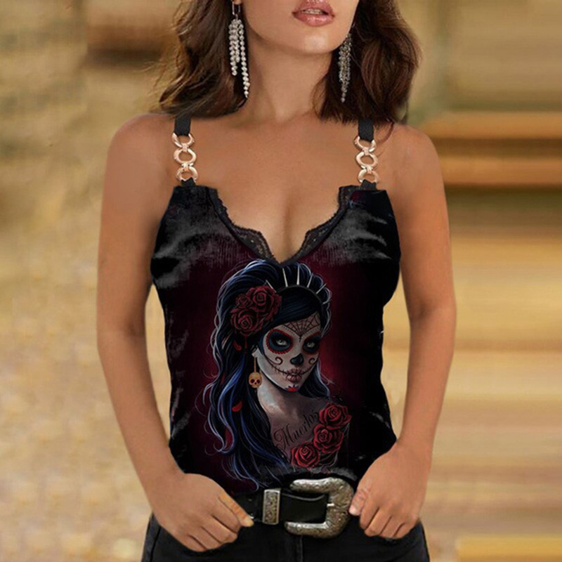 Summer Lace Decoration V-neck Printed Camisole T-shirt Plus Size Women's Casual Sleeveless Top Fashion Sexy Clothing 220325