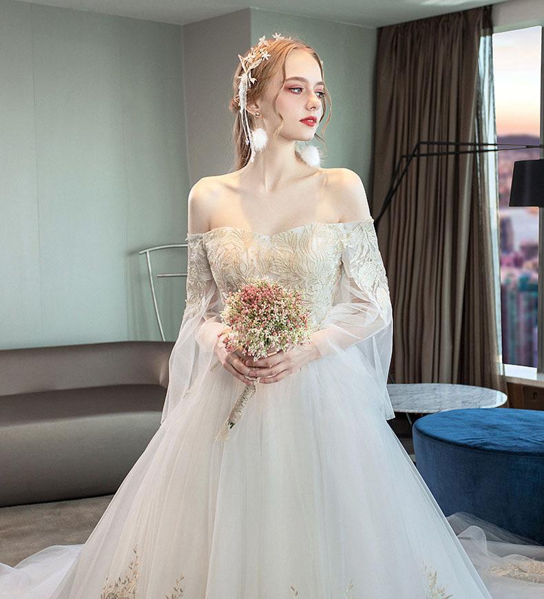 Elegant Wedding Dresse A-Line Strapless Long Sleeve Gold Applique Sweep Train Organza Lace Custom Made Pearl Vestidos De Novia Real picture