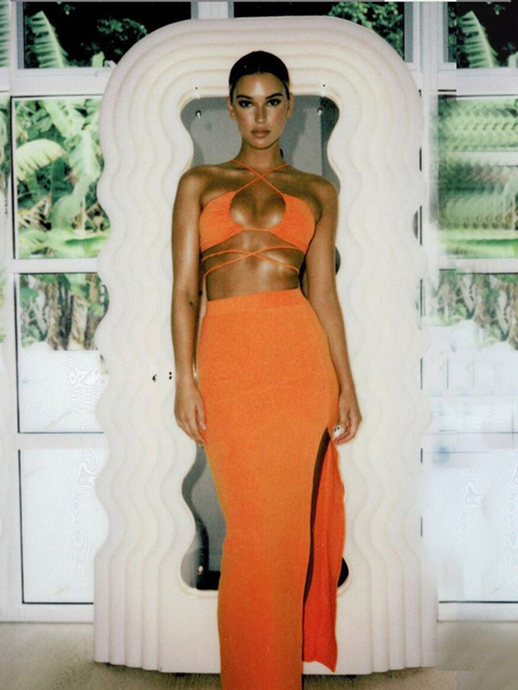 Cryptographic Bandage Cut Out Sexy Halter Neck Top and Skirts Set Gathered Elegant Club Summer Outfits Split Two Piece 220602