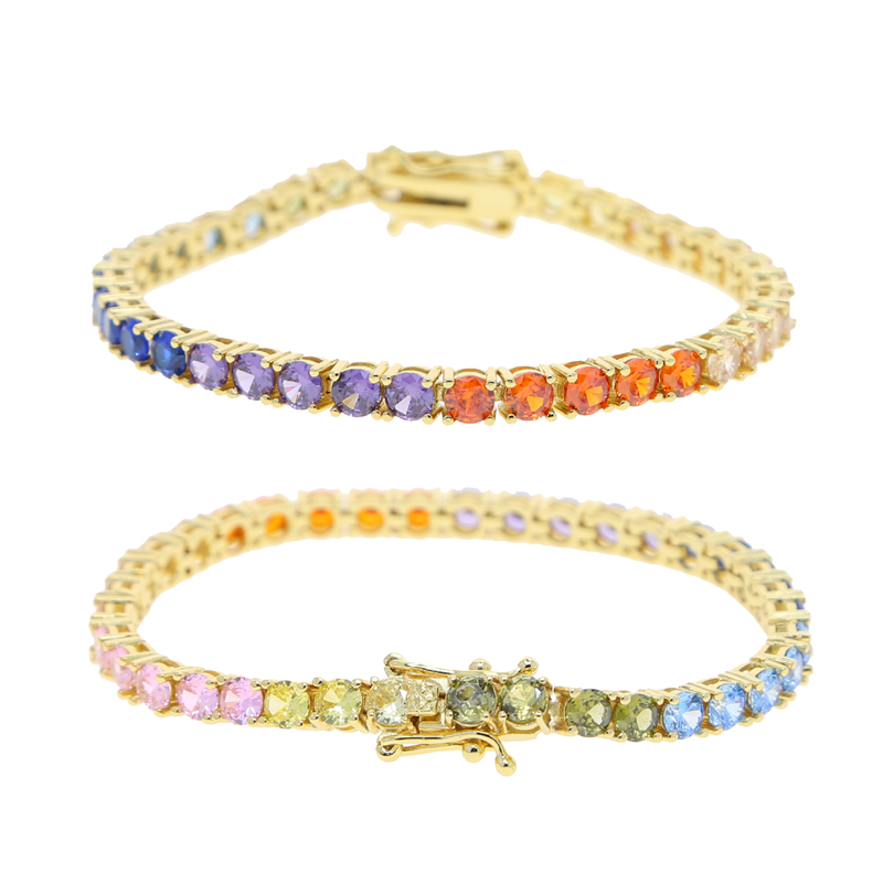 4MM 5A Cubic Zirconia Rainbow CZ Tennis Chain Bracelet Gold Plated Colorful Summer Women Girl Trendy Jewelry