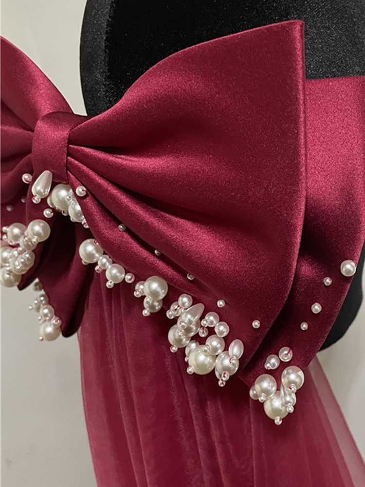 Burgundy Wedding Veil and Big Bow with Beading 2022 Tulle Satin Wedding Accessoris Bridal Veils
