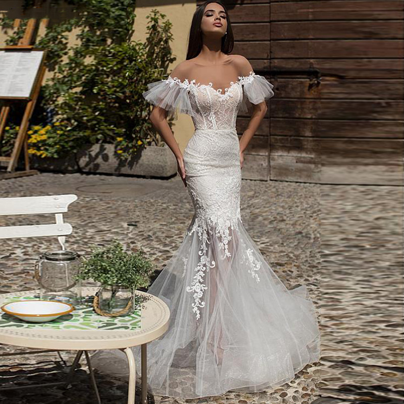 White Mermaid Wedding Dresses Appliques Sleeveless Strapless Off Shoulder Sexy V Neck Lace Ruffles Wedding Gown Sweep Length Detachable Train Bridal B