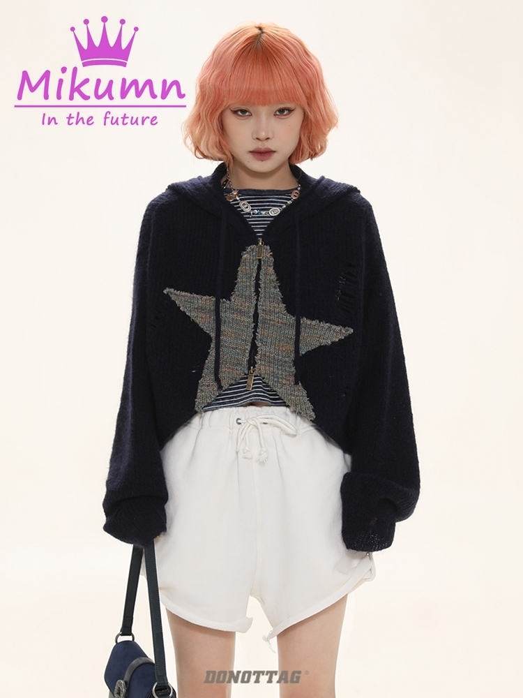 Gothic Sweater Cardigan Women Harajuku Vintage Star Zip Long Sleeve Hooded Short Jacket Spring Autumn Loose Knitwear Top Coat 220817