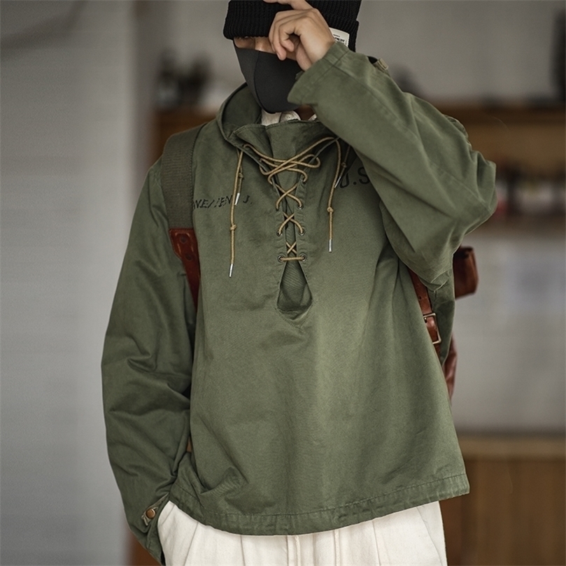 Madden male Hooded Pullover Long Sleeve Deck Parker Jacket Drawstring Neckline Workwear Jacket Green Cuffs Ribbon Closure Jacket 201130