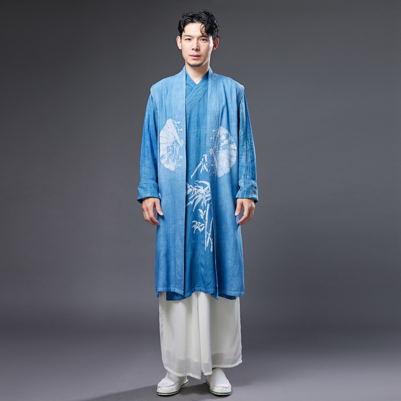 Ethnic Clothing for Men Chinese Hanfu Male cheongsam Traditional Tang suit Oriental Costume Breathable print blue Asian outfit