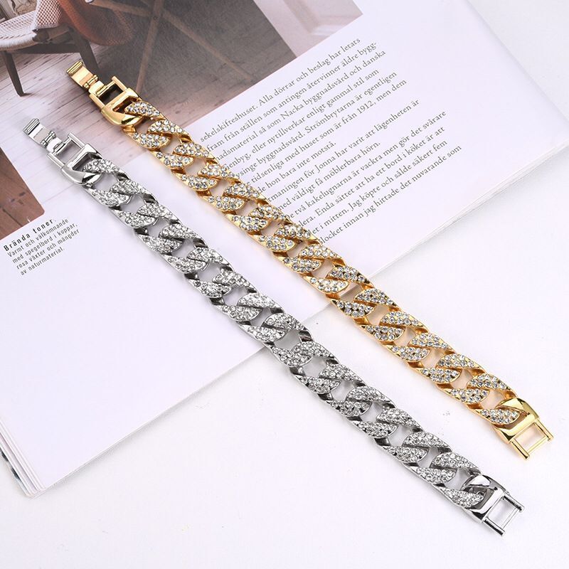 Hip hop Thick Gold Silver Diamond Bracelet Shiny Cuban Full Rhinestone Hand Chain Men's Bracelet Jewelry