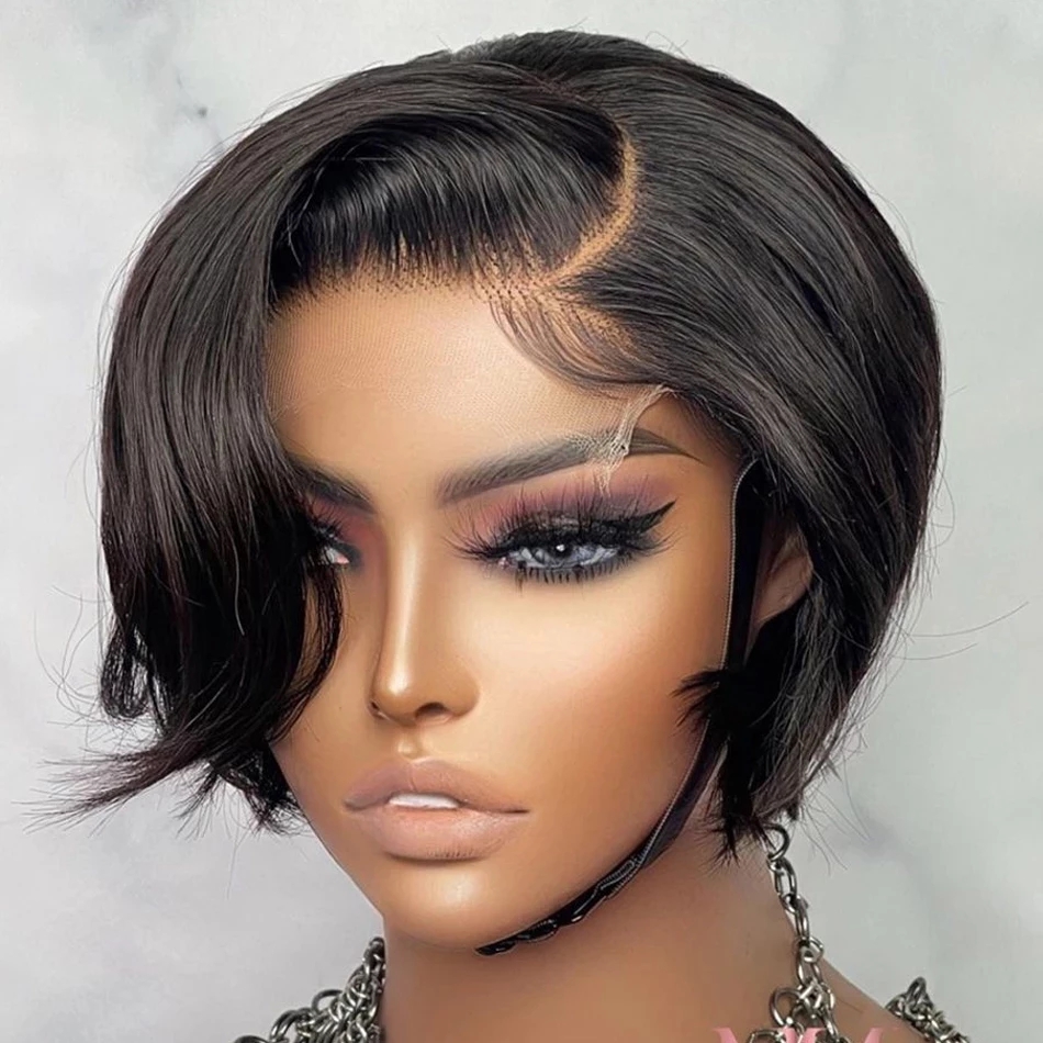 180density 360 lace Short Pixie Cut Wig Bob Lace Front Human Hair Wigs Transparent Straight Wigs For Women Pre plucked