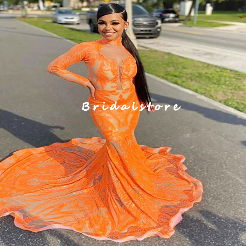 Plus Size Orange Sequin Prom Dress For Black Girl 2022 High Neck Long Sleeve Mermaid Evening Dresses African Nigerian Party Gown Elegant Women Formal 