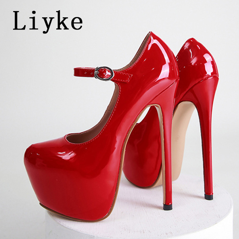 Liyke Spring Autumn Women Platform Pumps Black Round Toe Buckle Strap 17CM Super High Heels Pole Dance Shoes Stiletto Mujer 220328