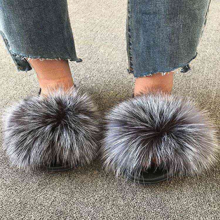 Real Raccoon Fur Slippers Women 2021 Sliders Casual Fox Hair Flat Fluffy Fashion Home Summer Big Size 45 Furry Flip Flops Shoes